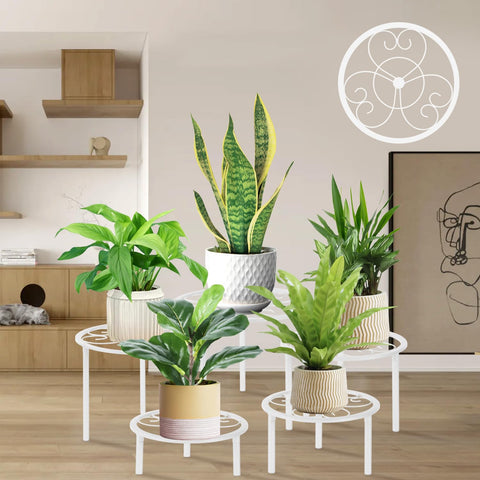mekpiwu 5-piece metal plant rack set in black for versatile indoor outdoor displays