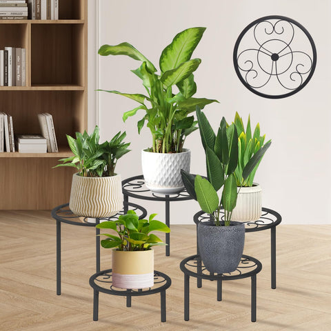 mekpiwu 5-piece metal plant rack set front view, sturdy black iron for indoor and outdoor decor