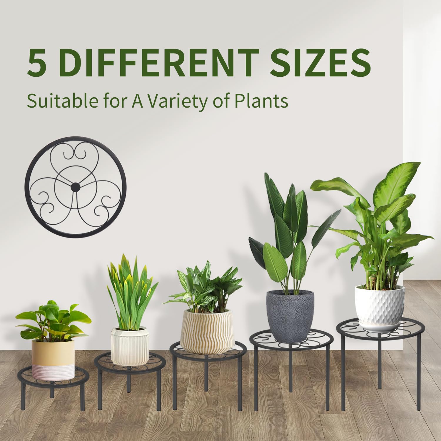 mekpiwu 5-piece metal plant rack set side view, shows height variety and stability