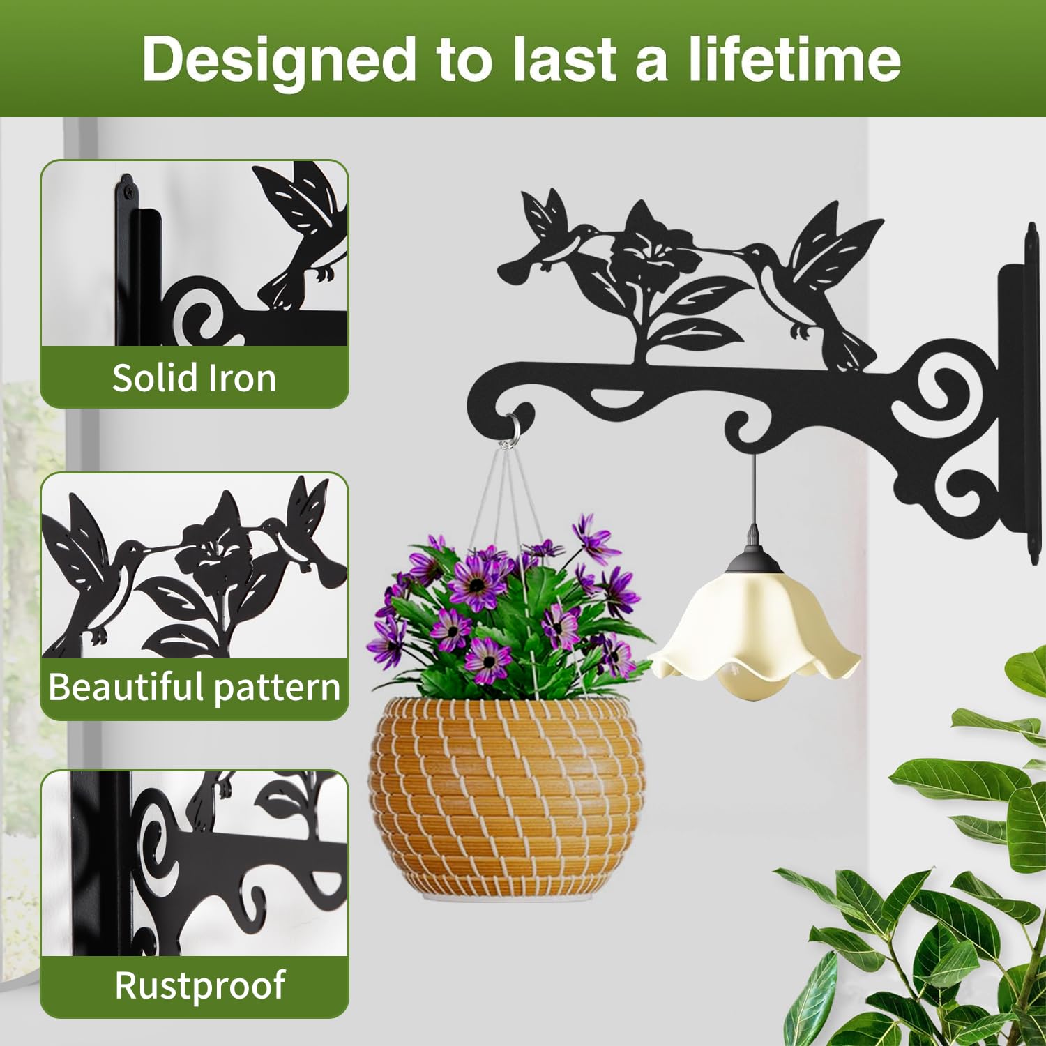 Mekpiwu rust-resistant hook ideal for patio planters and feeders.