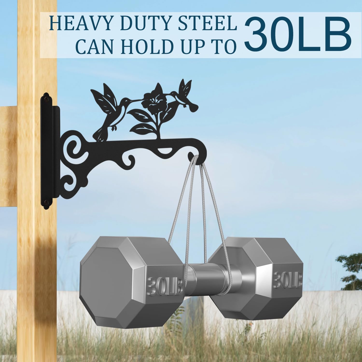 Mekpiwu 12-inch bird-pattern hook supports heavy outdoor plants.