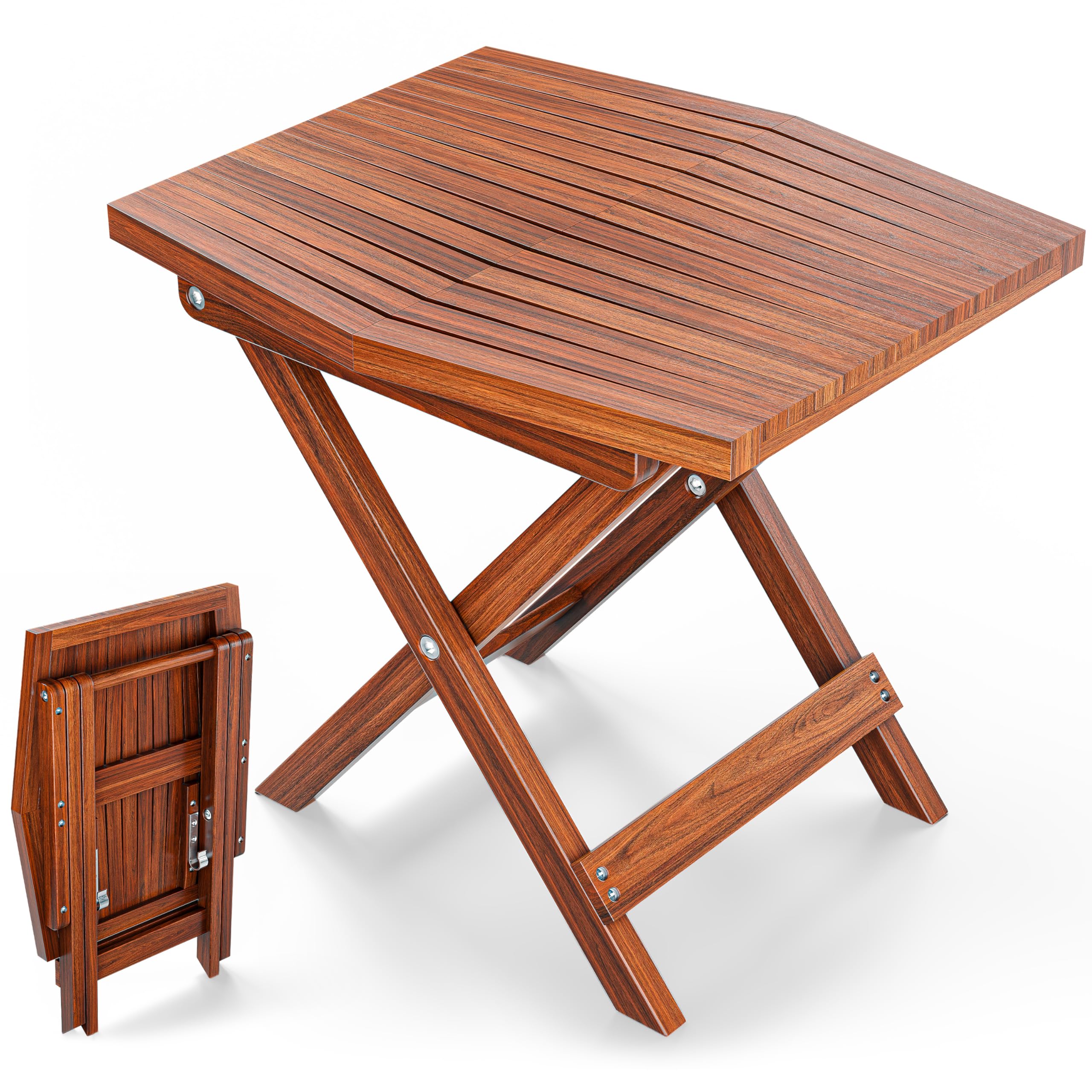 Melino wooden folding outdoor side table in a patio setting, compact and versatile for seating areas