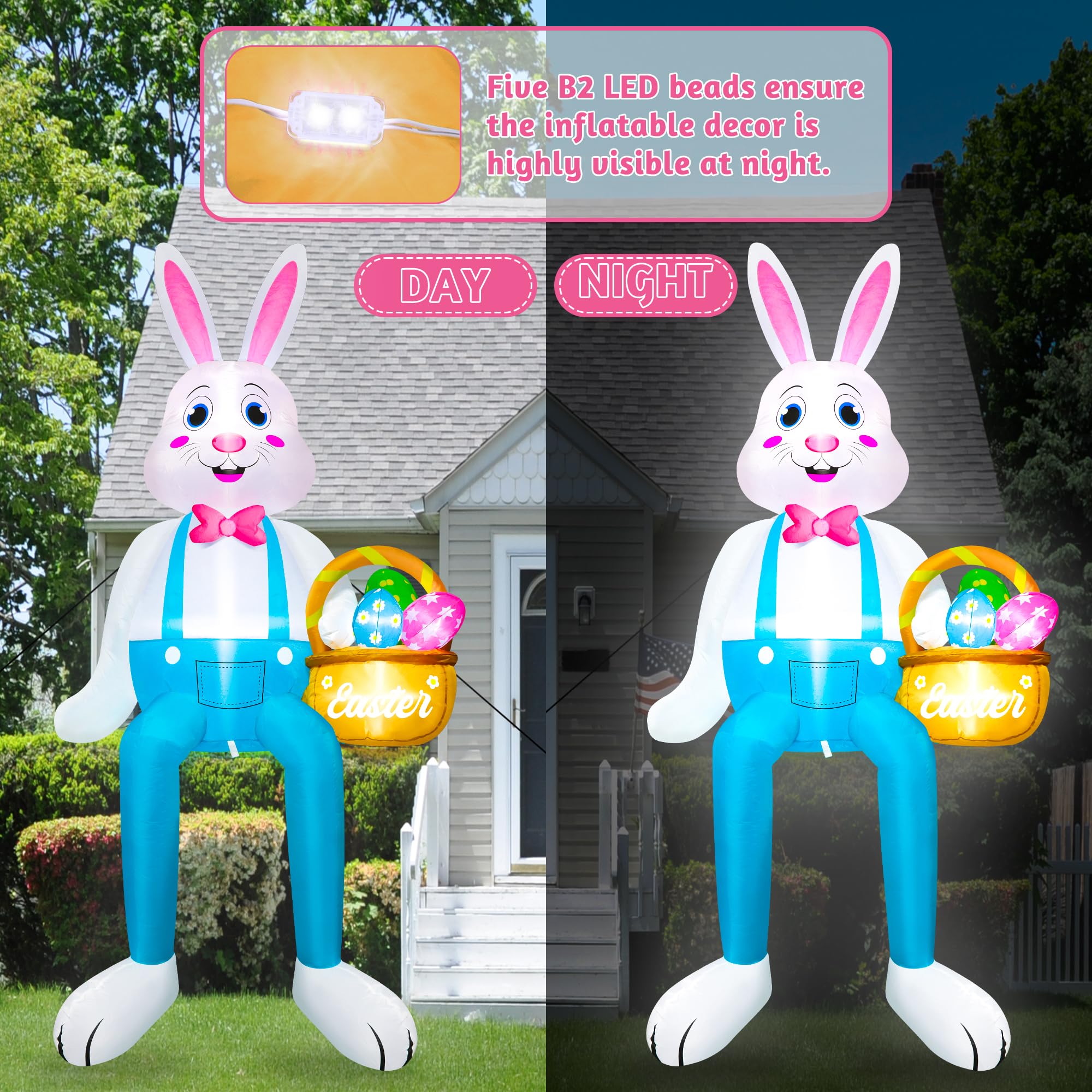 Melisheer Easter Bunny inflatable with LED accents for night visibility.