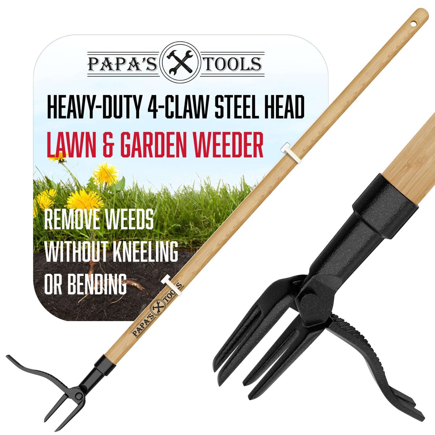 Melissa and Harry Papas Tools Weeder stand-up wooden handle for easy weed removal.