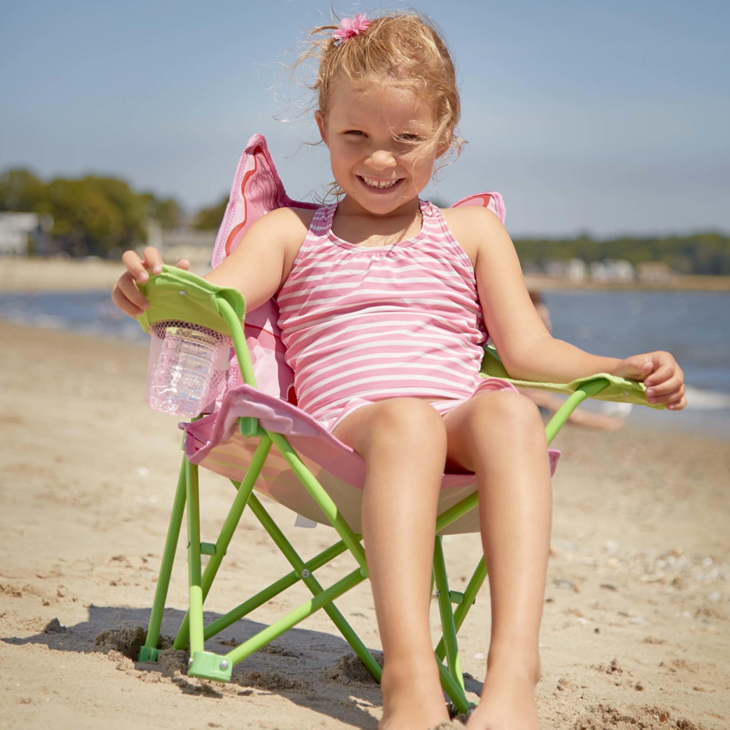 Bella chair shows built-in cup holder for drinks during play.
