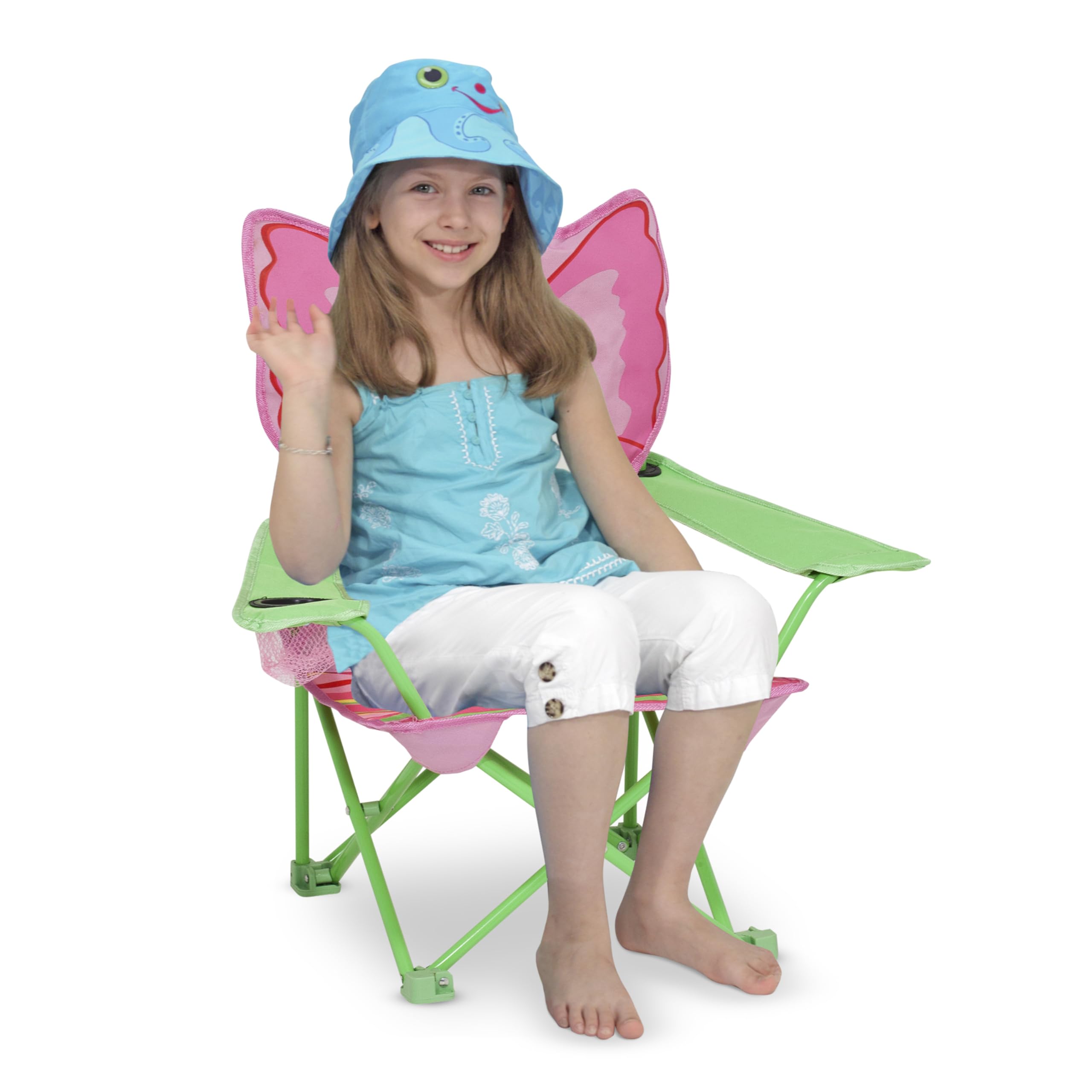 Pink and green butterfly theme adds bright, kid-friendly vibe to outdoor seating.