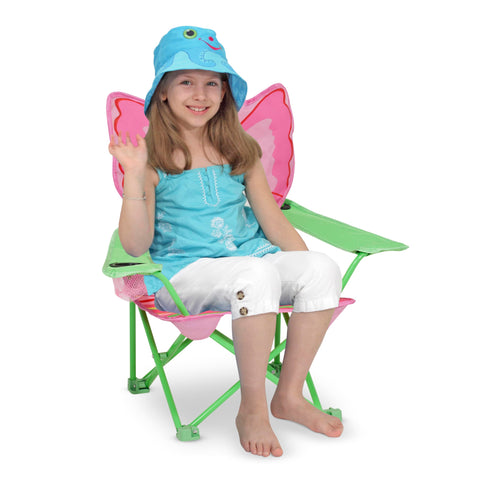 Pink and green butterfly theme adds bright, kid-friendly vibe to outdoor seating.