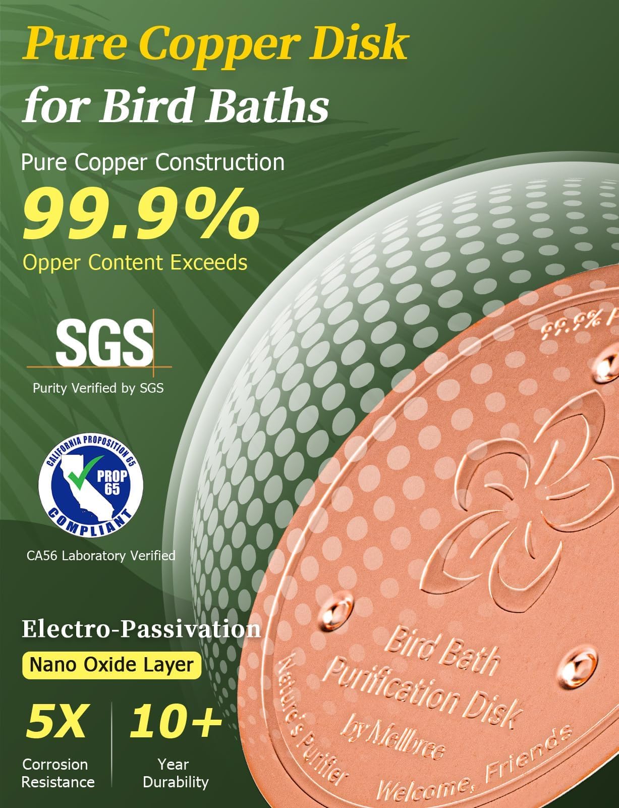 Mellbree copper disc 0.6mm thick maintains clearer water in non-metallic basins