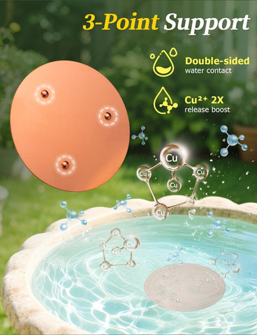 Mellbree copper disc in use outdoors supports cleaner water in a bird bath