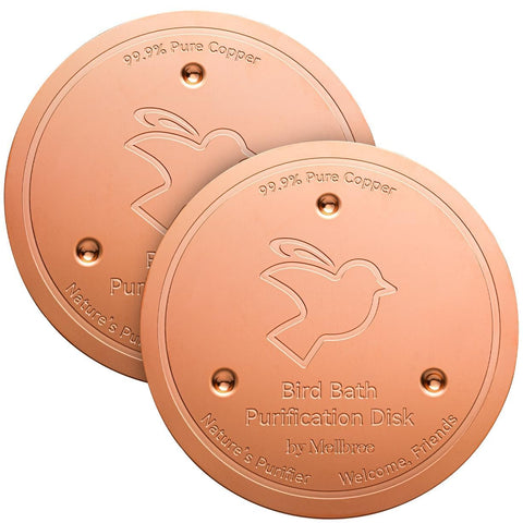 Mellbree birdbath copper disk in basin maintains cleaner water.