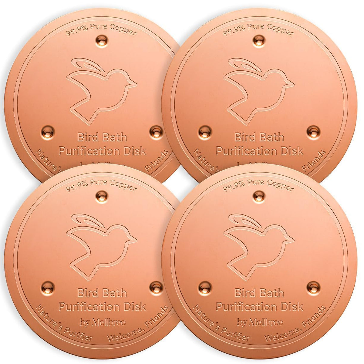 Mellbree copper disc bird bath with three-point support for cleaner water.