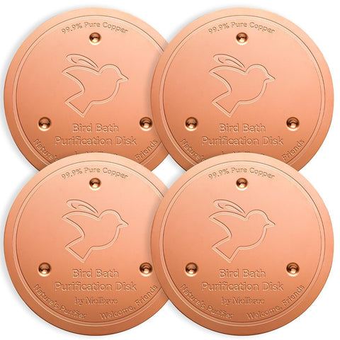 Mellbree copper disc bird bath with three-point support for cleaner water.