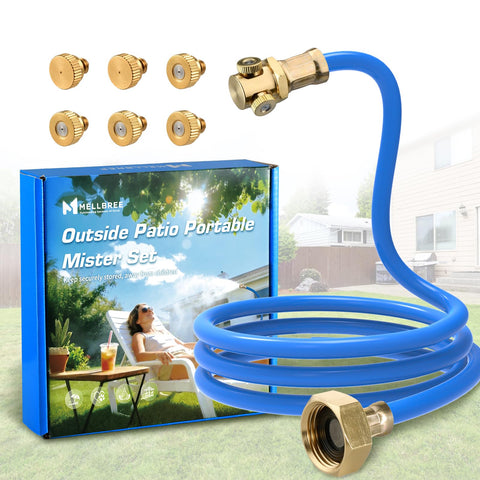 Mellbree Misters outdoor patio stand provides wide cooling coverage for sunny days.