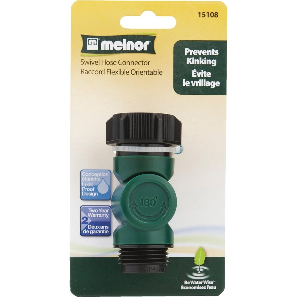 Melnor 180-degree swivel connector enabling full hose movement with less binding.