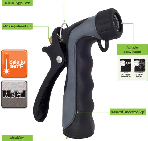 Melnor 465C industrial nozzle highlighting the durable metal core for extreme temperatures.
