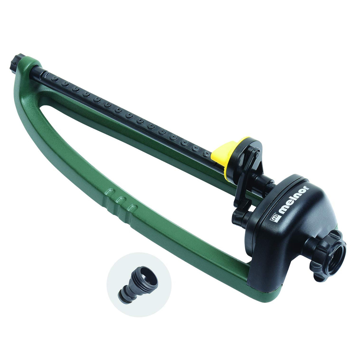 Melnor 65049 AMZ oscillating sprinkler front view showing even lawn coverage