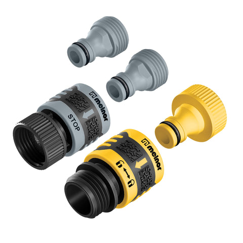 Melnor 65134AMZ QuickConnect faucet adapter for easy tool switching.