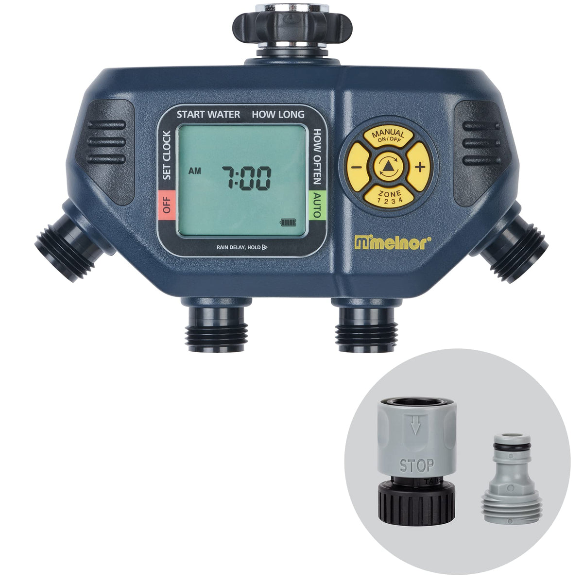 Melnor 65140AMZ four-zone timer front view for precise irrigation control.