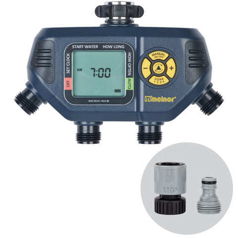 Melnor 65140AMZ four-zone timer front view for precise irrigation control.