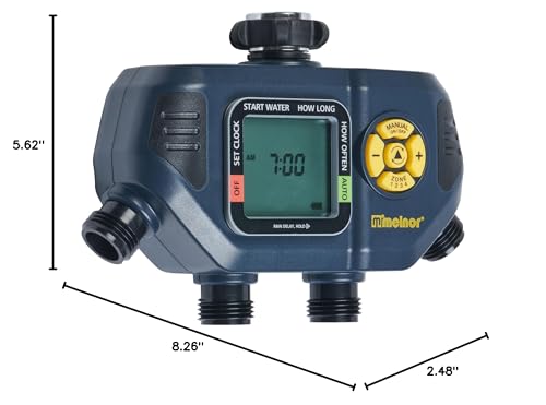 Melnor 65140AMZ four-zone timer helps conserve water with scheduled irrigation.