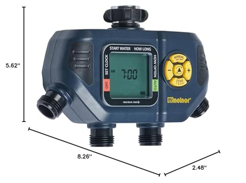 Melnor 65140AMZ four-zone timer helps conserve water with scheduled irrigation.