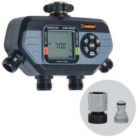 Melnor 65141AMZ timer LCD display shows four start times for precise watering.