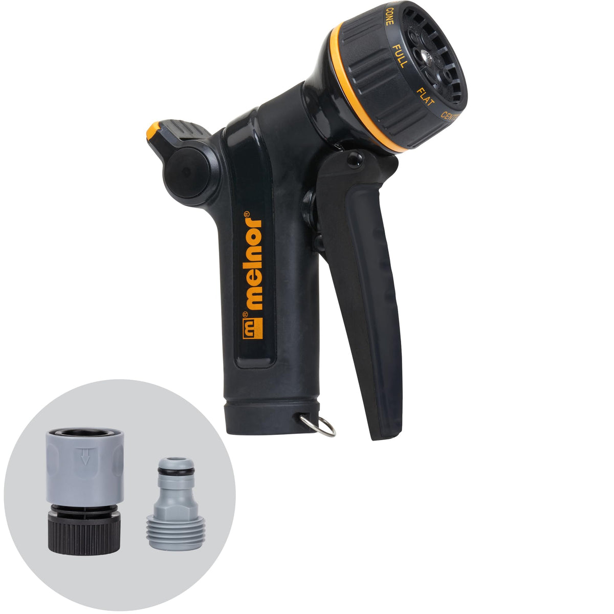 Melnor 65142AMZ front trigger nozzle with eight-pattern versatility for watering and cleaning.