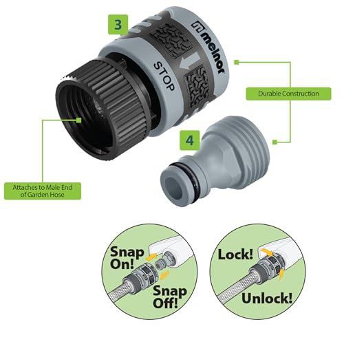 Melnor end connector attached securely for tool-ready irrigation