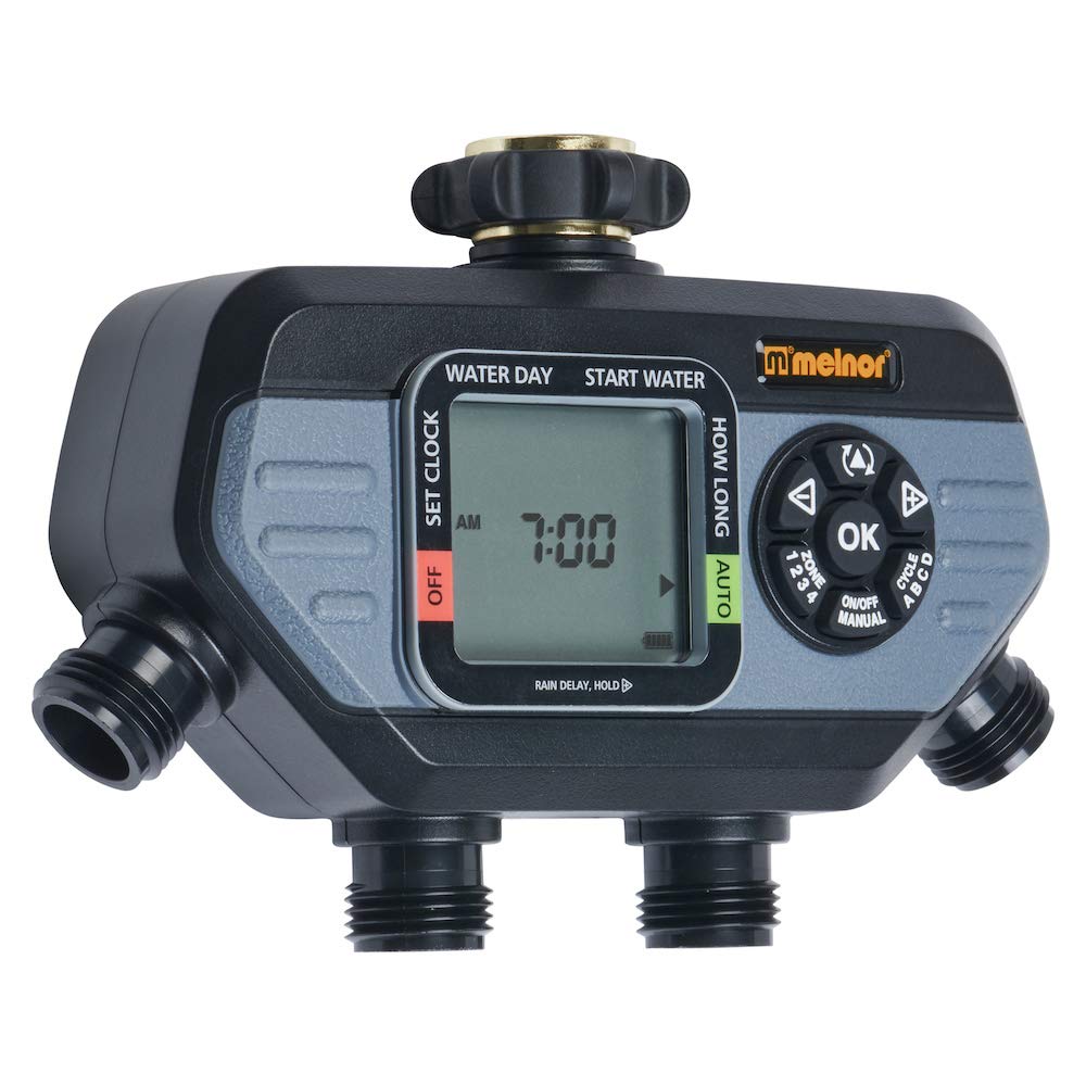 Melnor 73280 digital water timer front view shows four-zone layout for precise irrigation.