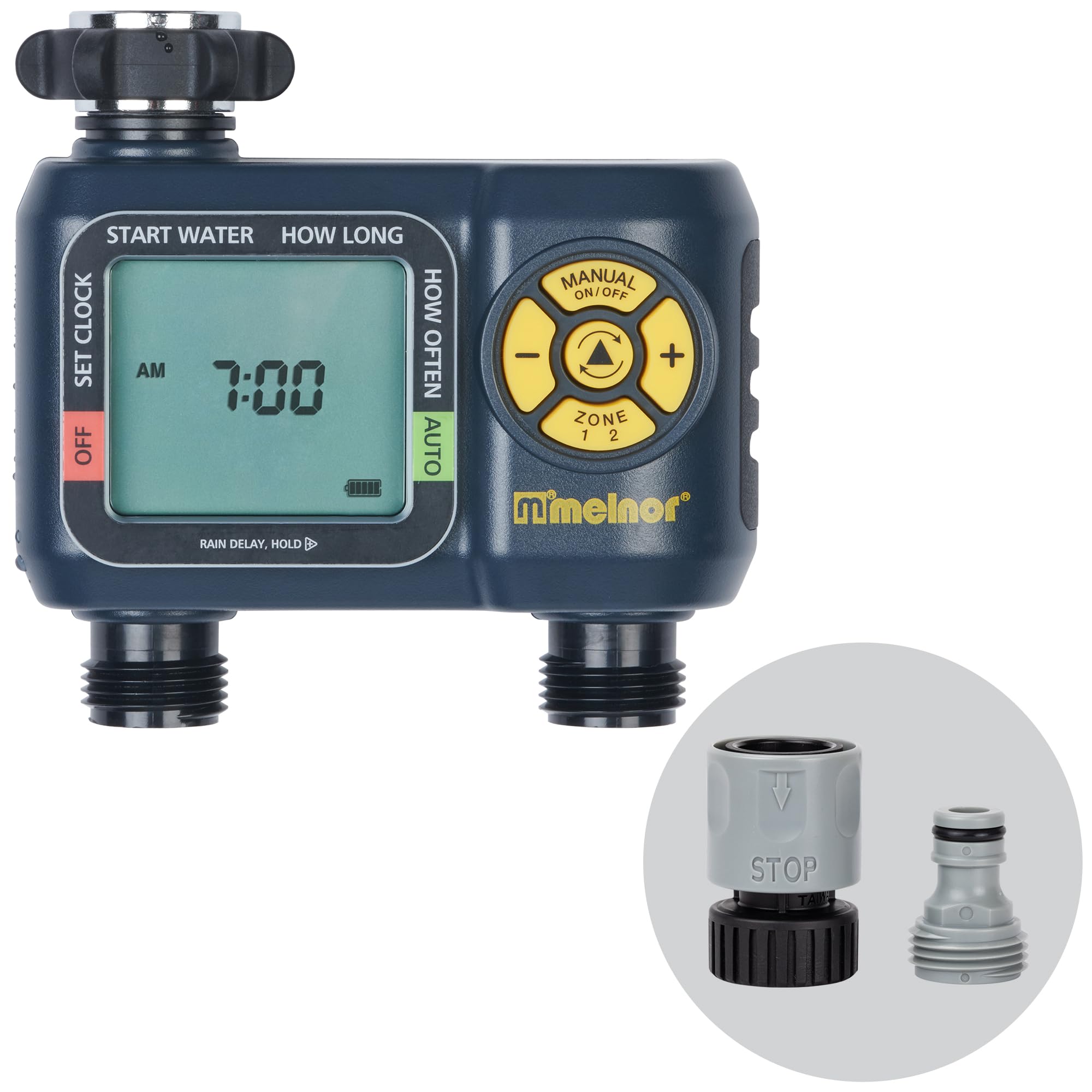 Melnor AquaTimer front view with dual-zone control for precise watering.