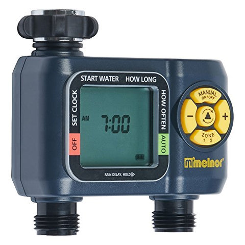 Melnor AquaTimer rain delay feature helps save water during forecasts.