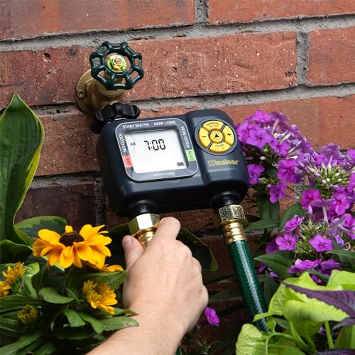 Melnor AquaTimer two-zone setup demonstrates separate schedules for lawn and beds.
