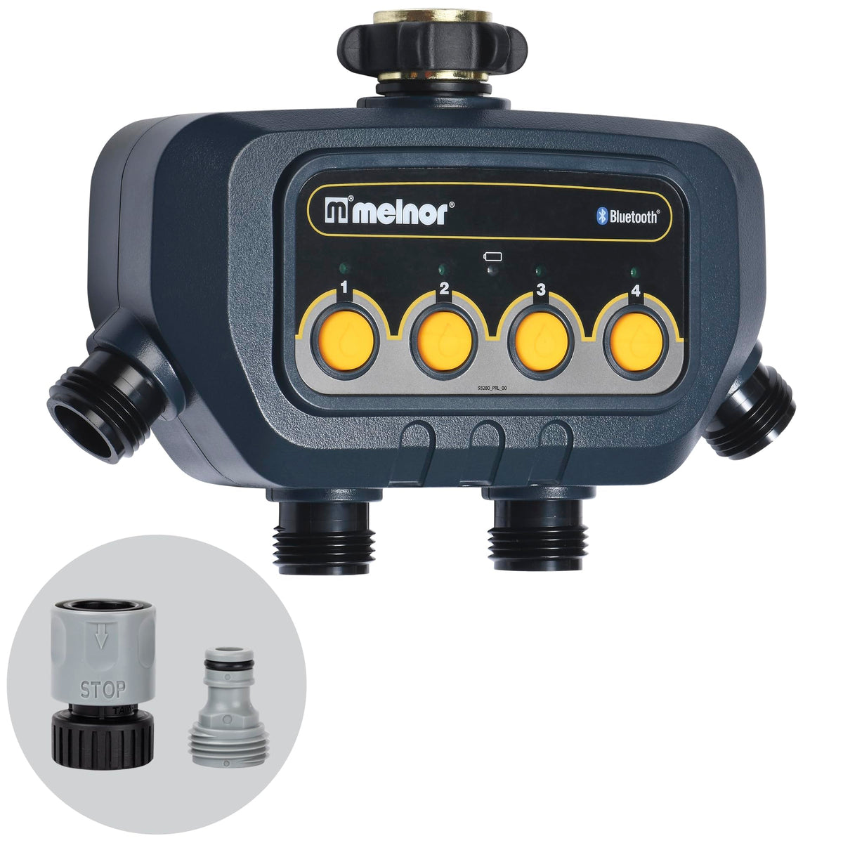 Melnor Bluetooth water timer with four zones, front view