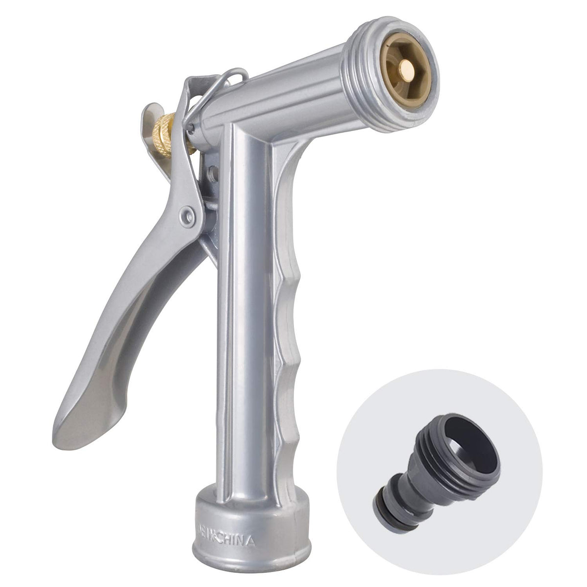 Melnor heavy-duty metal nozzle with back trigger for precise, comfortable water control.
