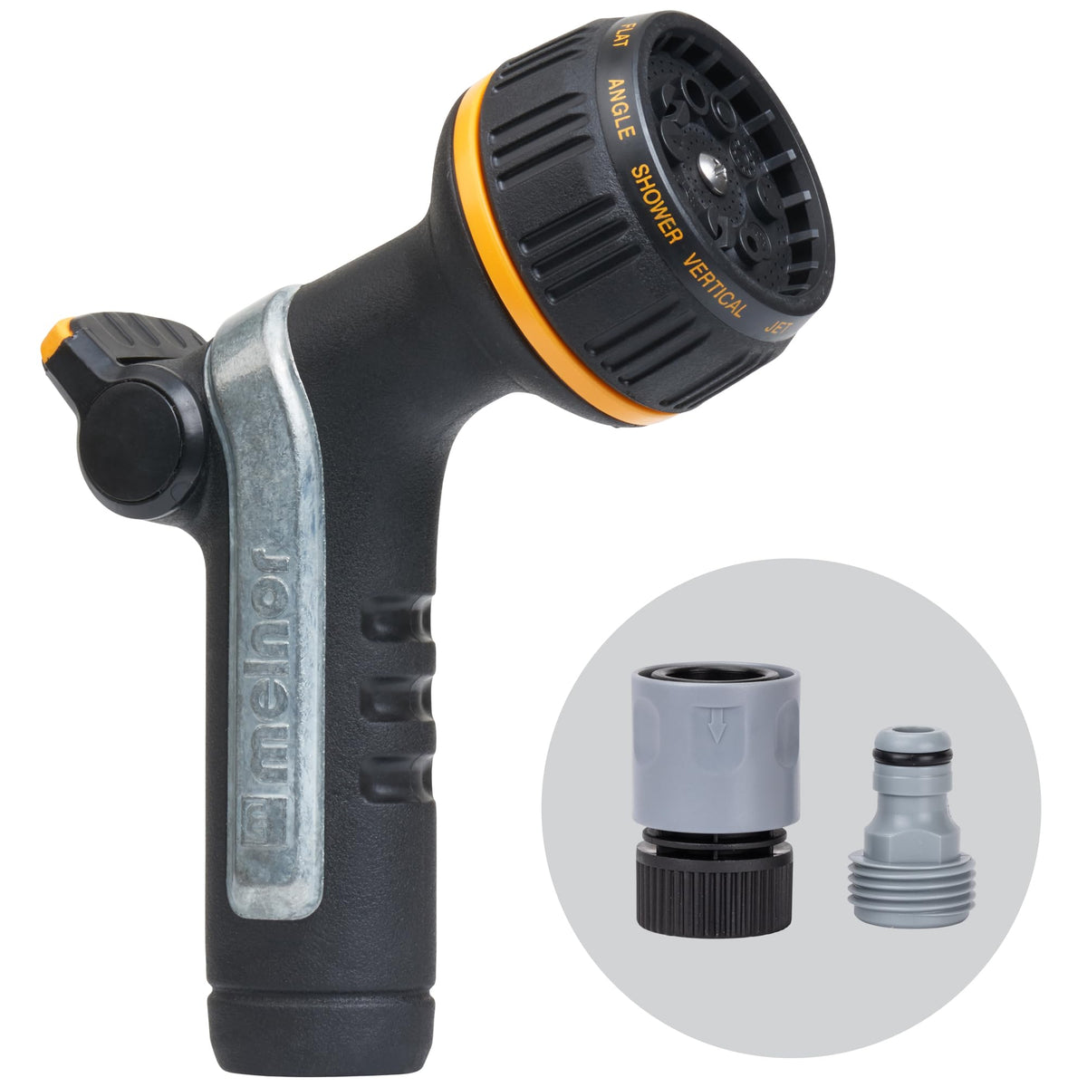 Melnor heavyweight metal nozzle with thumb control for precise watering.