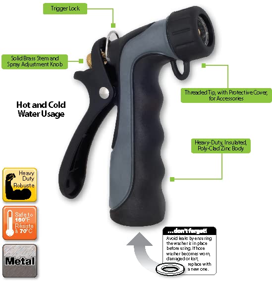 Adjustable spray lets gentle mist or powerful jet for chores.