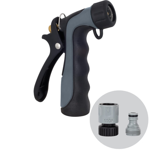 Melnor hot water nozzle with insulated handle resists extreme temps during use.