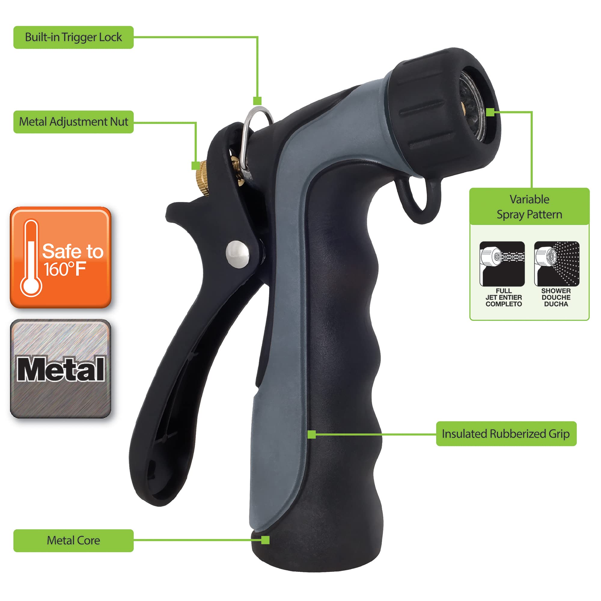 Melnor nozzle features a durable metal core for long lasting watering tasks.