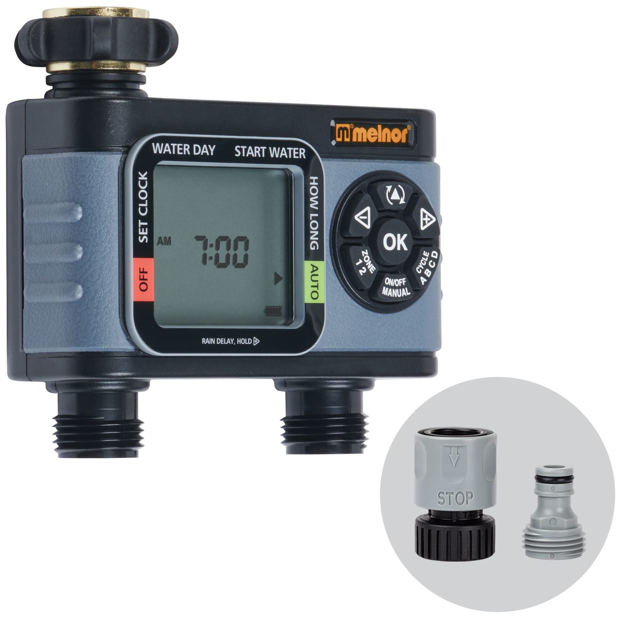 Melnor HydroLogic digital timer display with dual-zone scheduling.