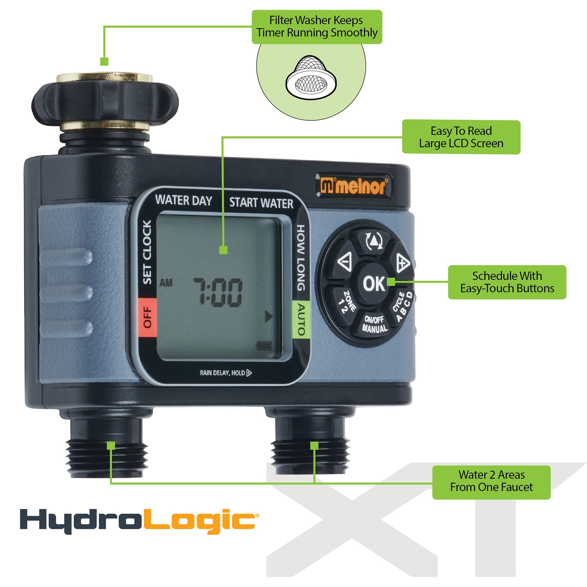Melnor HydroLogic manual operation button for quick, on-demand watering.