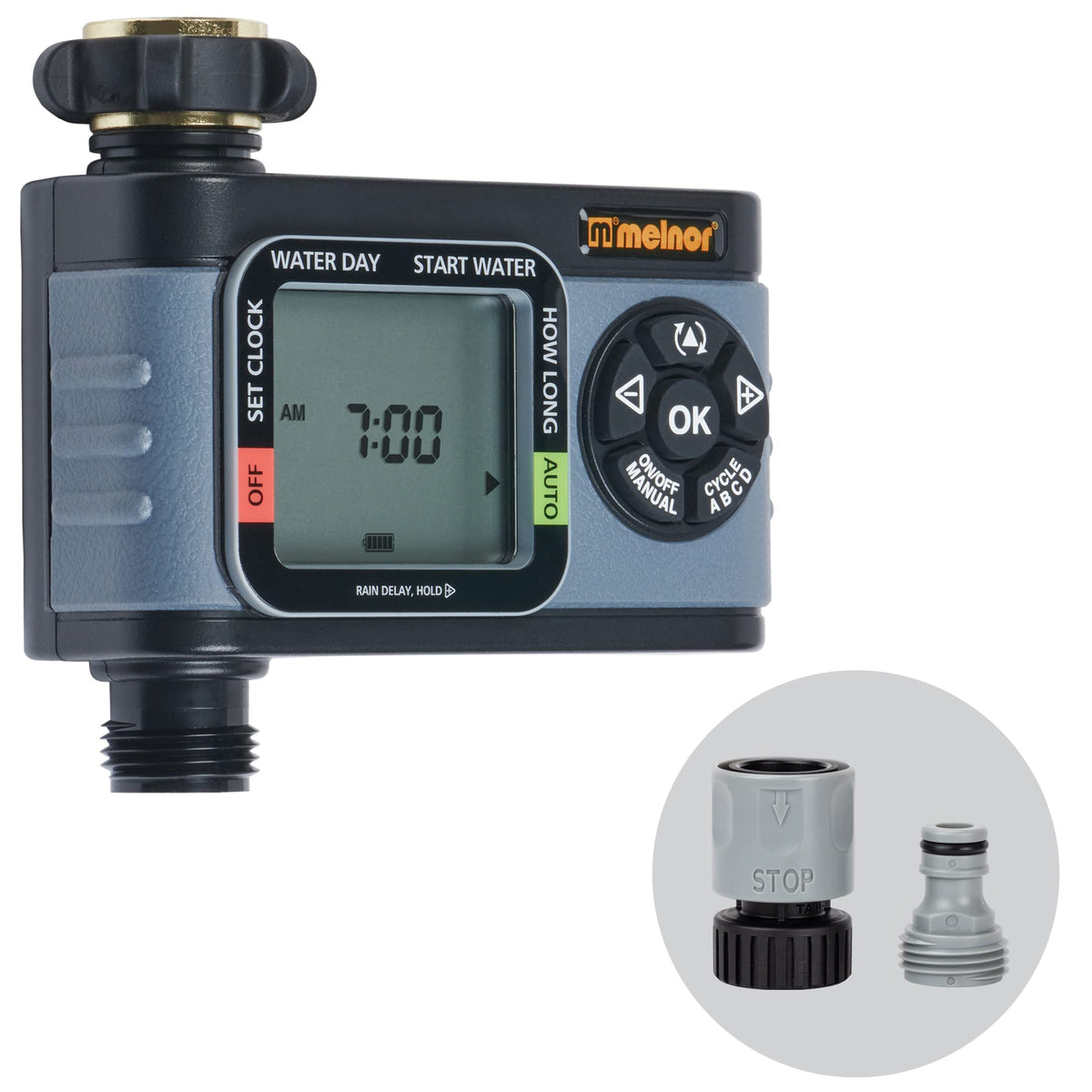 Melnor Hydrologic timer front view with clear dial for easy setup and scheduling.