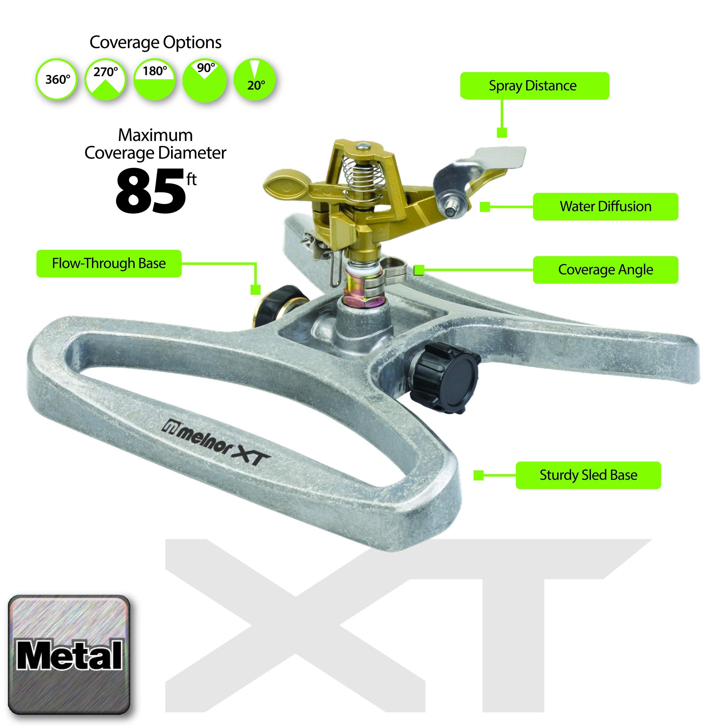 Sturdy metal base keeps the sprinkler steady during watering sessions.