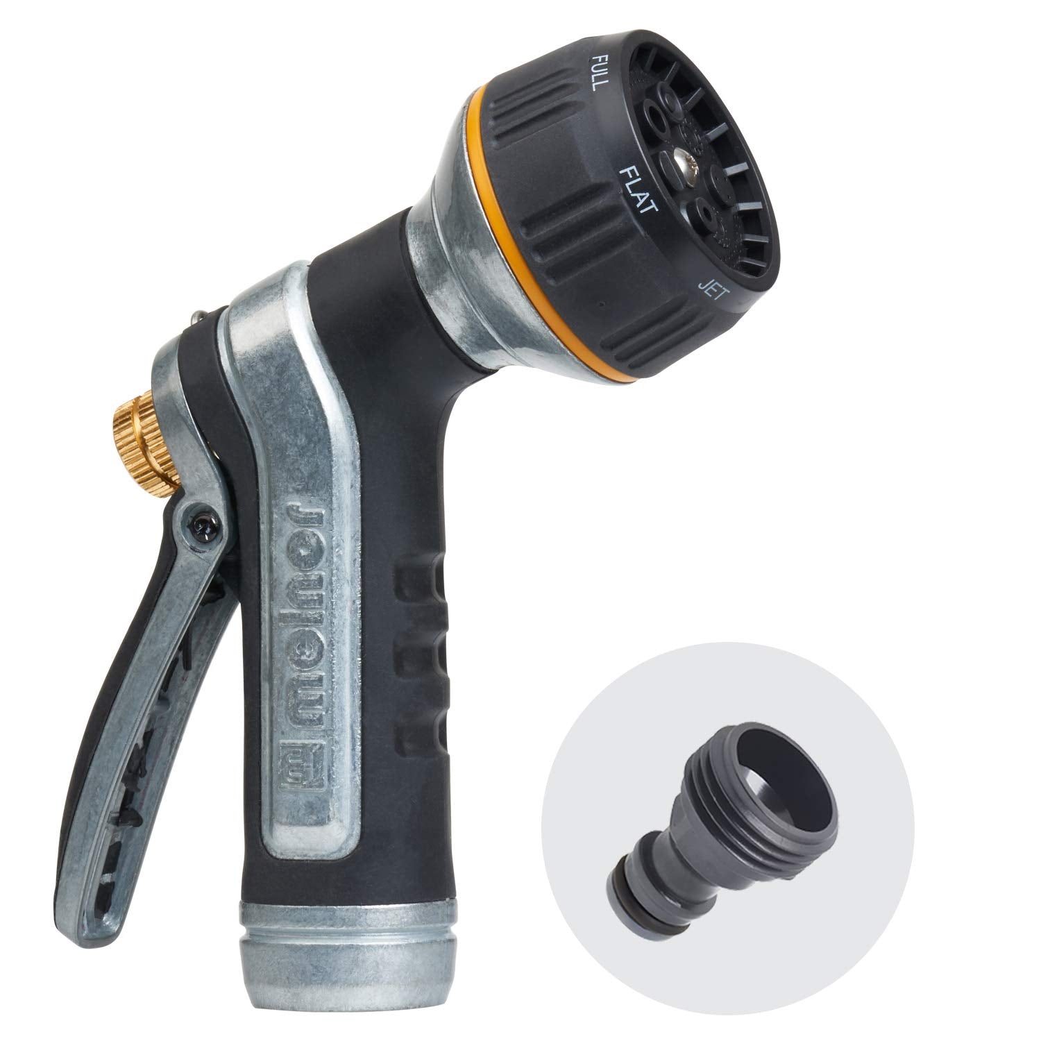 Melnor metal nozzle with QuickConnect and adjustable spray patterns for flexible watering.