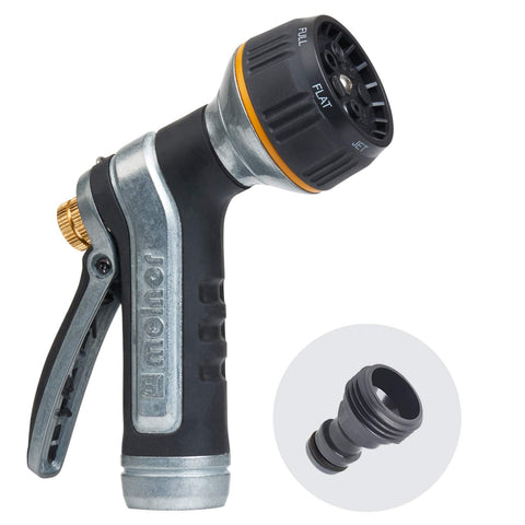 Melnor metal nozzle with QuickConnect and adjustable spray patterns for flexible watering.