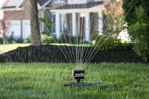Melnor MiniMax Turbo sprinkler shows four way adjustments for width, range, and flow