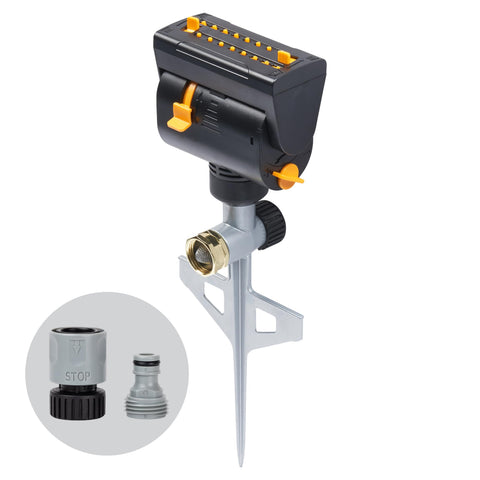 Melnor MiniMax sprinkler on a step spike ready for quick ground setup.