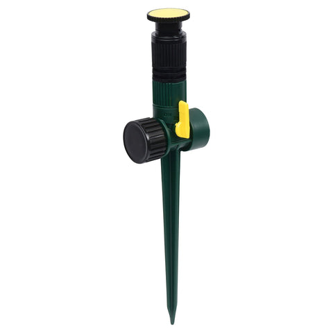 Melnor sprinkler on a spike with integrated flow-control for precise watering