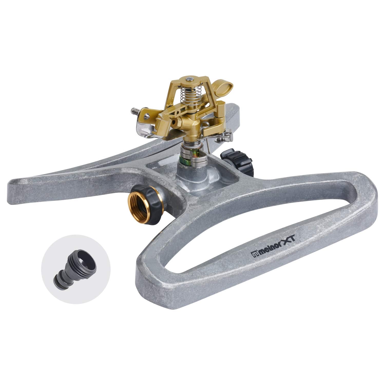Melnor pulsating sprinkler head delivers broad lawn coverage for efficient watering.
