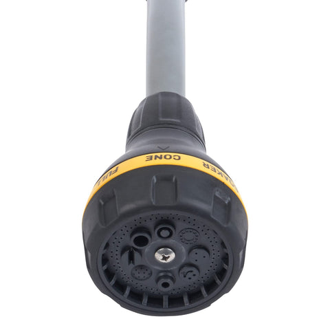 Melnor Relax Grip wand over hanging baskets demonstrates extended reach.