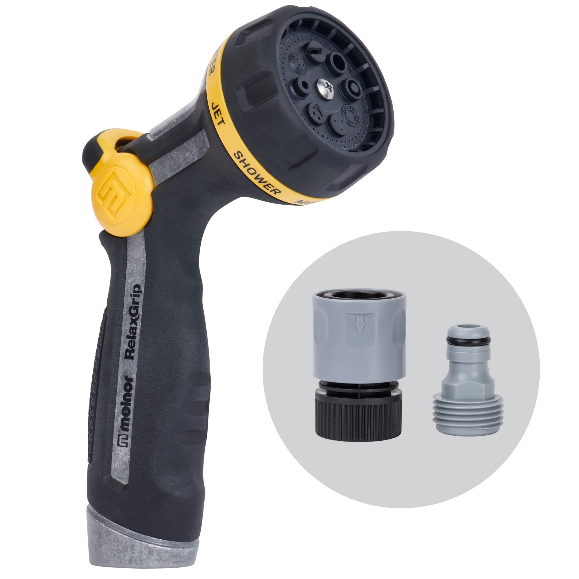 Melnor RelaxGrip metal nozzle with 8-pattern spray for versatile watering